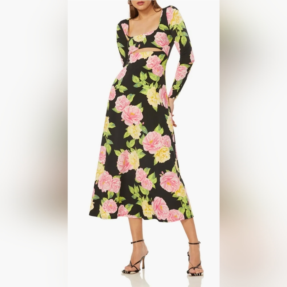 REVOLVE AFRM Sm Gigi Long Sleeve Midi/maxi Dress cut-out longsleeve noir bouquet